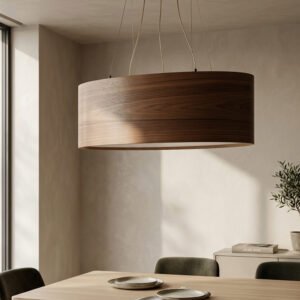 Aurinko große ovale Pendelleuchte 90 cm aus Walnuss Holzfurnier moderne Esszimmer Beleuchtung