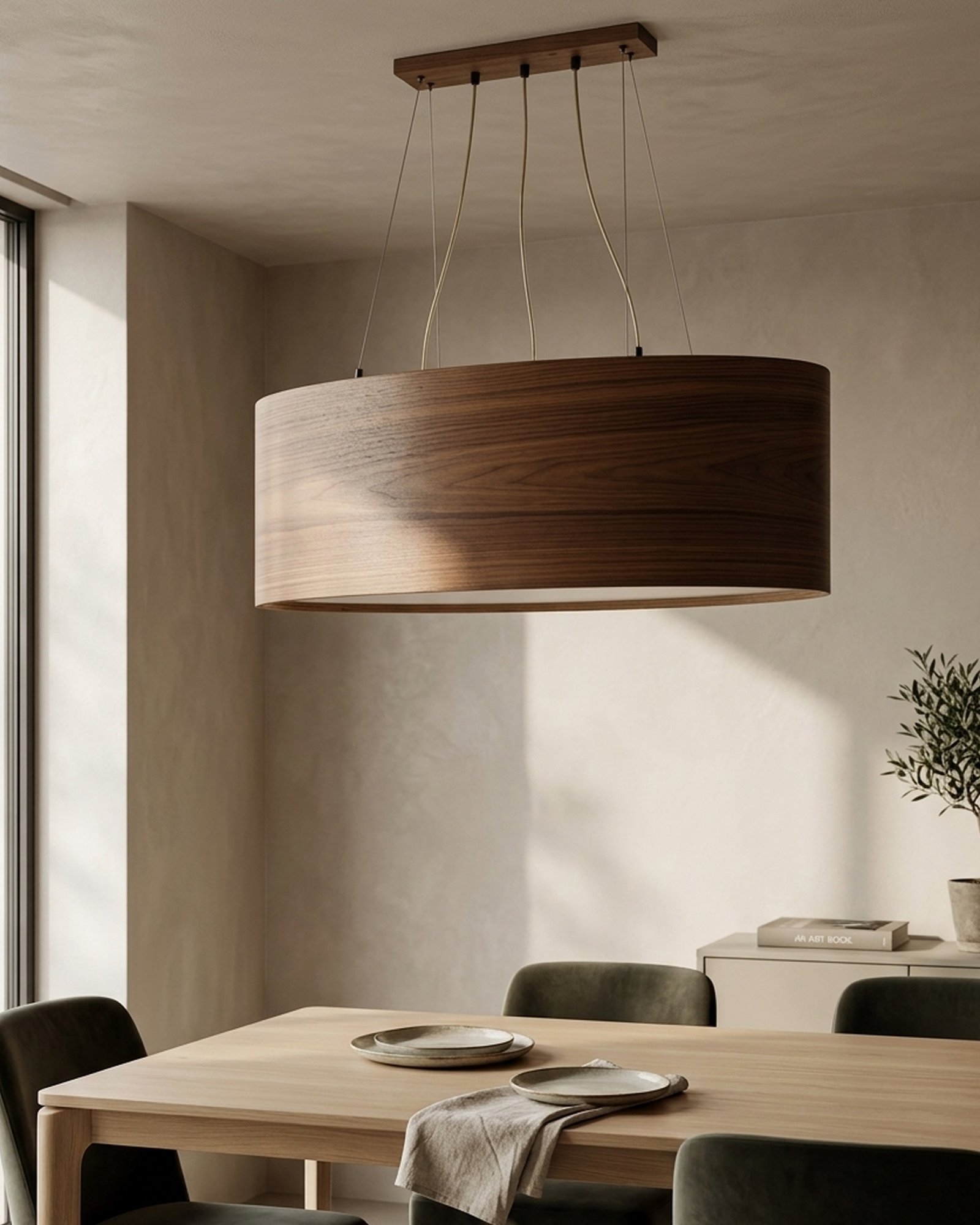 Aurinko große ovale Pendelleuchte 90 cm aus Walnuss Holzfurnier moderne Esszimmer Beleuchtung