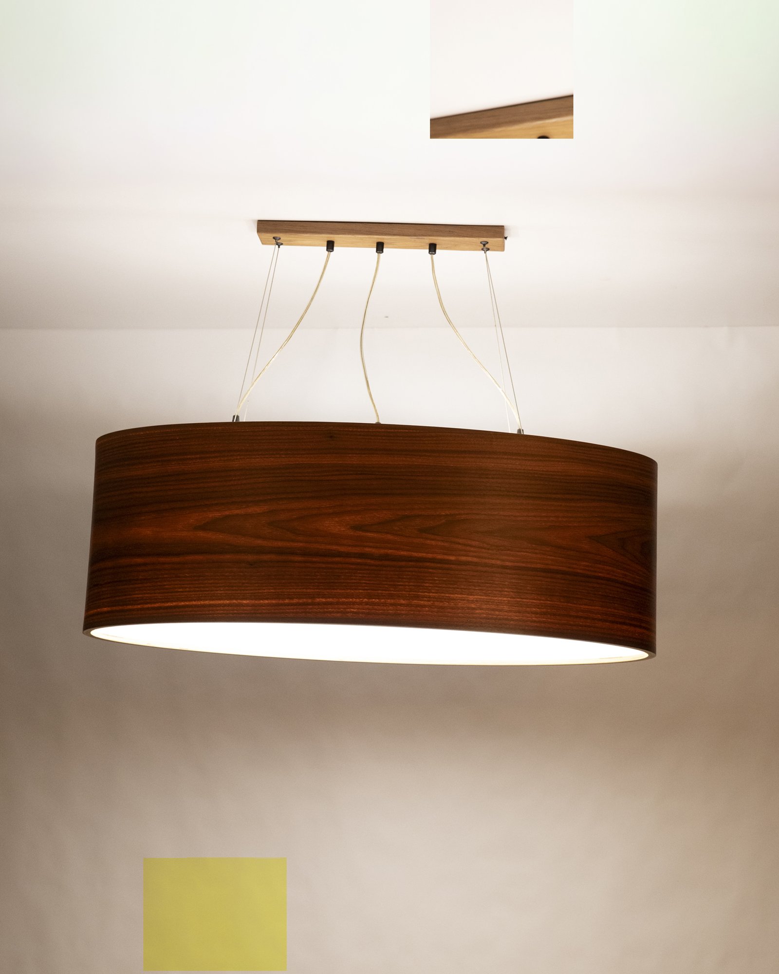 große Pendellampe 90 cm aus Walnuss Holzfurnier über Esstisch warme Beleuchtung