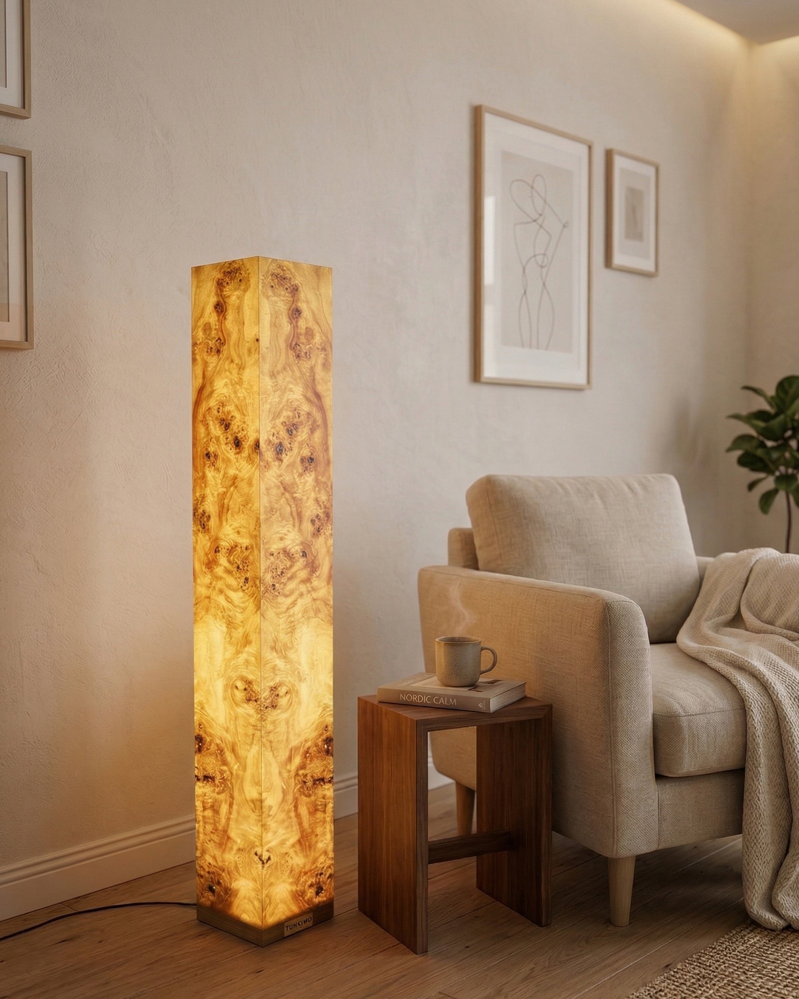 Lampe sur pied en bois NUOTIO avec placage Mazel et design LED artisanal