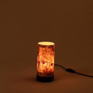 Close up of LIEKKI 20 cm mazel wood veneer table lamp handcrafted detail natural texture