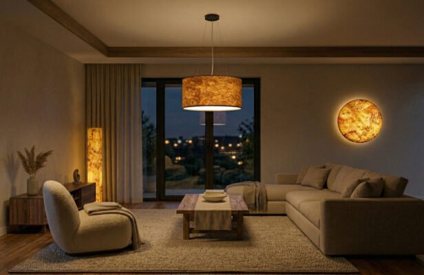 Handcrafted wooden lighting collection in a warm modern interior with ambient light, including floor lamp, pendant light and wall lamp